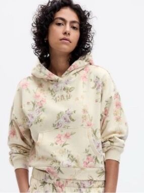 LoveShackFancyXGap Cream Floral Hoodie with Pink & Lavender Roses